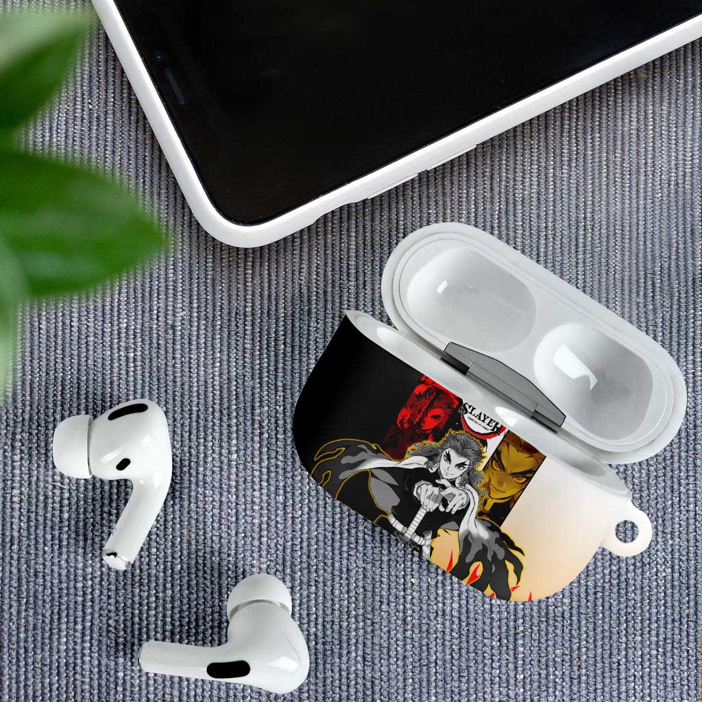 Kyojuro Rengoku from Demon Slayer AirPods Case with Black and White Split Design and Fiery Manga Panel Background - The Mazicc