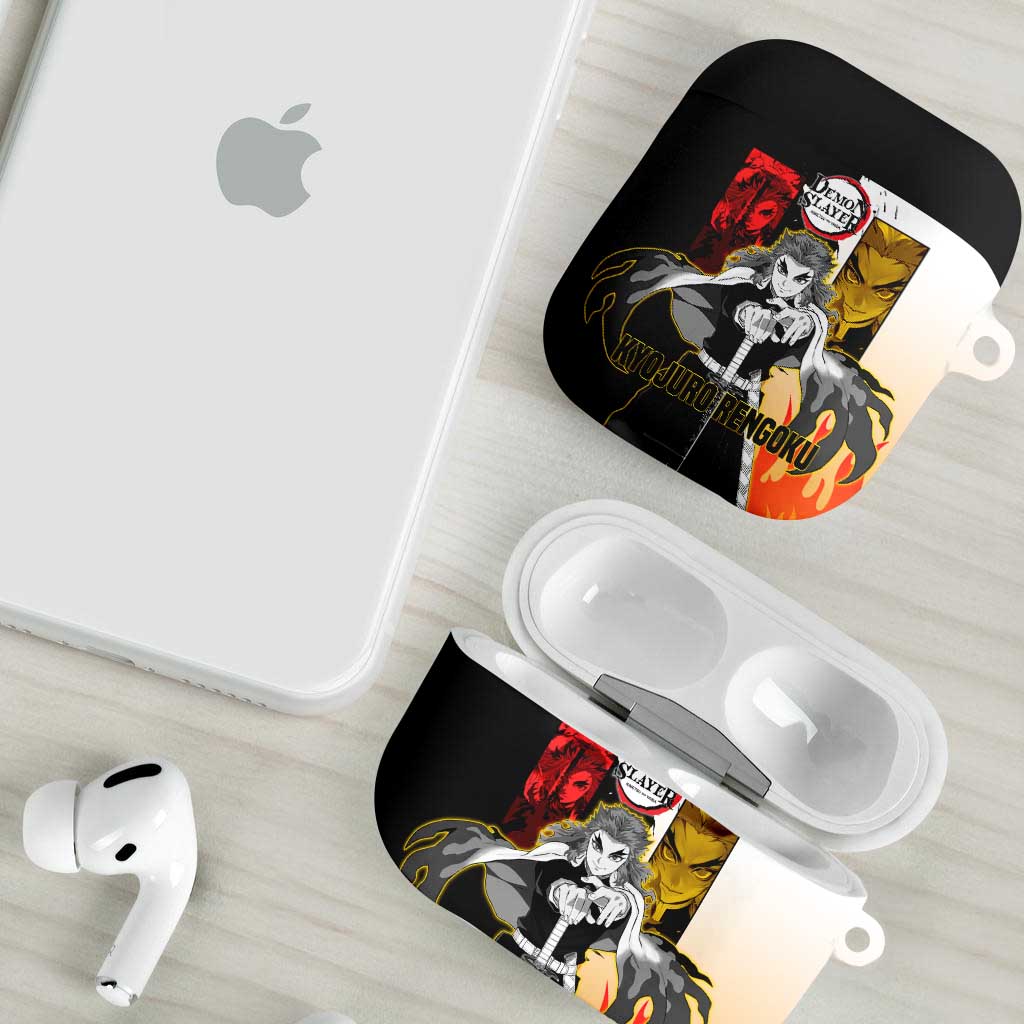 Kyojuro Rengoku from Demon Slayer AirPods Case with Black and White Split Design and Fiery Manga Panel Background - The Mazicc