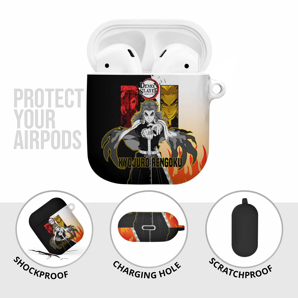 Kyojuro Rengoku from Demon Slayer AirPods Case with Black and White Split Design and Fiery Manga Panel Background - The Mazicc