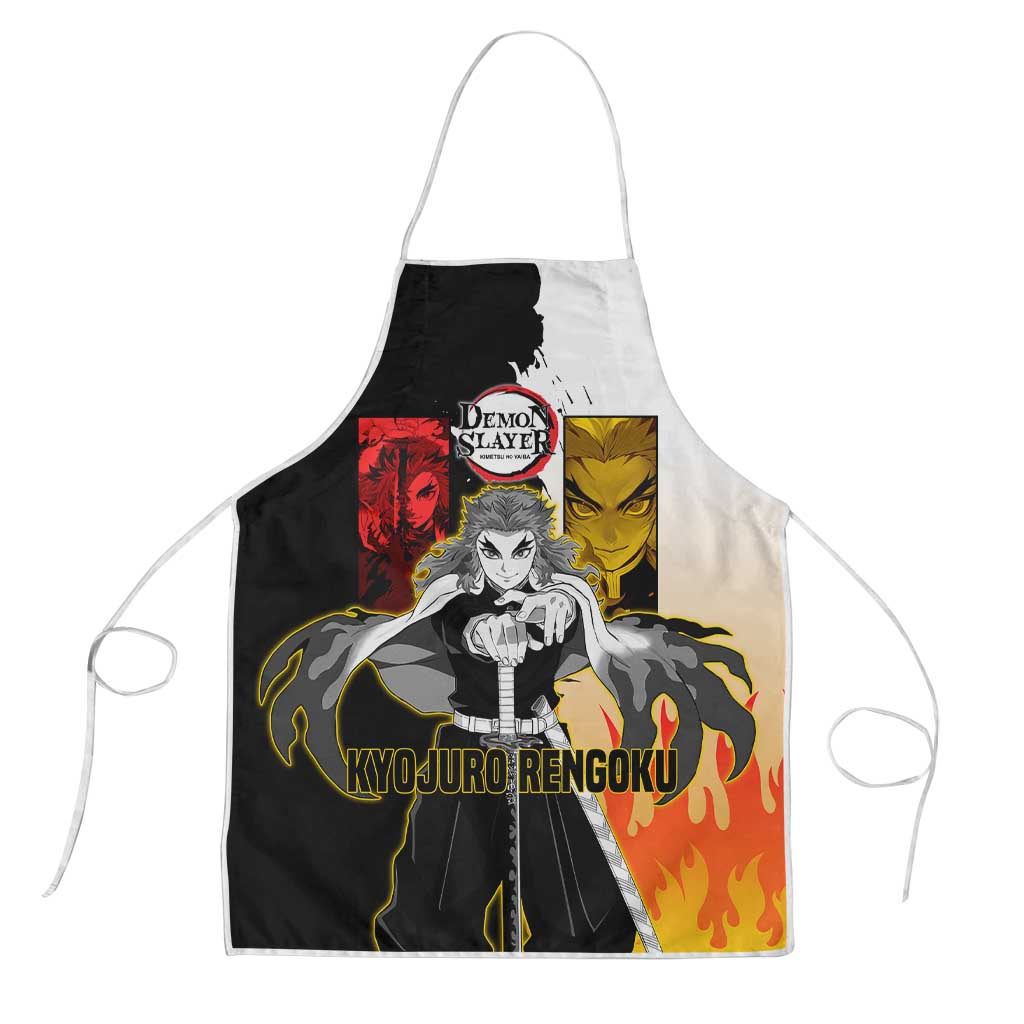 Kyojuro Rengoku from Demon Slayer Apron with Black and White Split Design and Fiery Manga Panel Background - The Mazicc