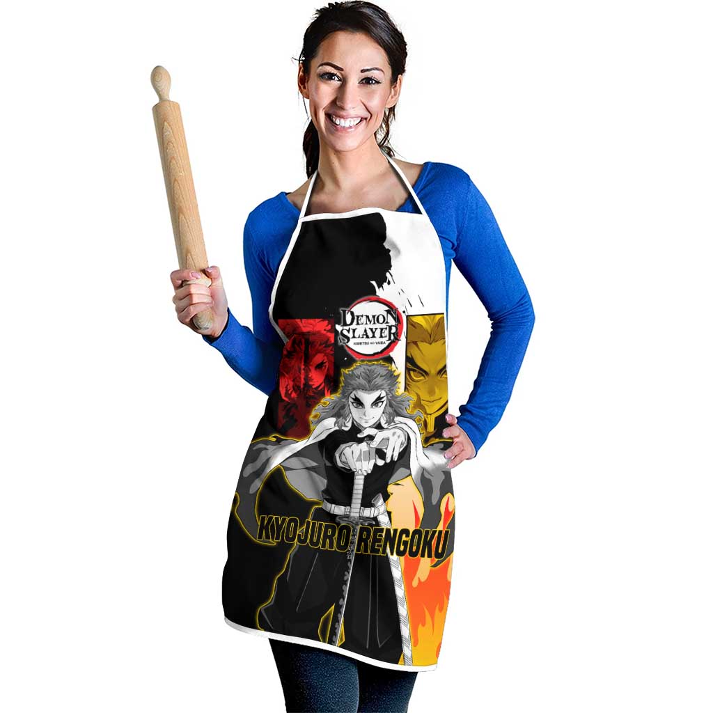 Kyojuro Rengoku from Demon Slayer Apron with Black and White Split Design and Fiery Manga Panel Background - The Mazicc