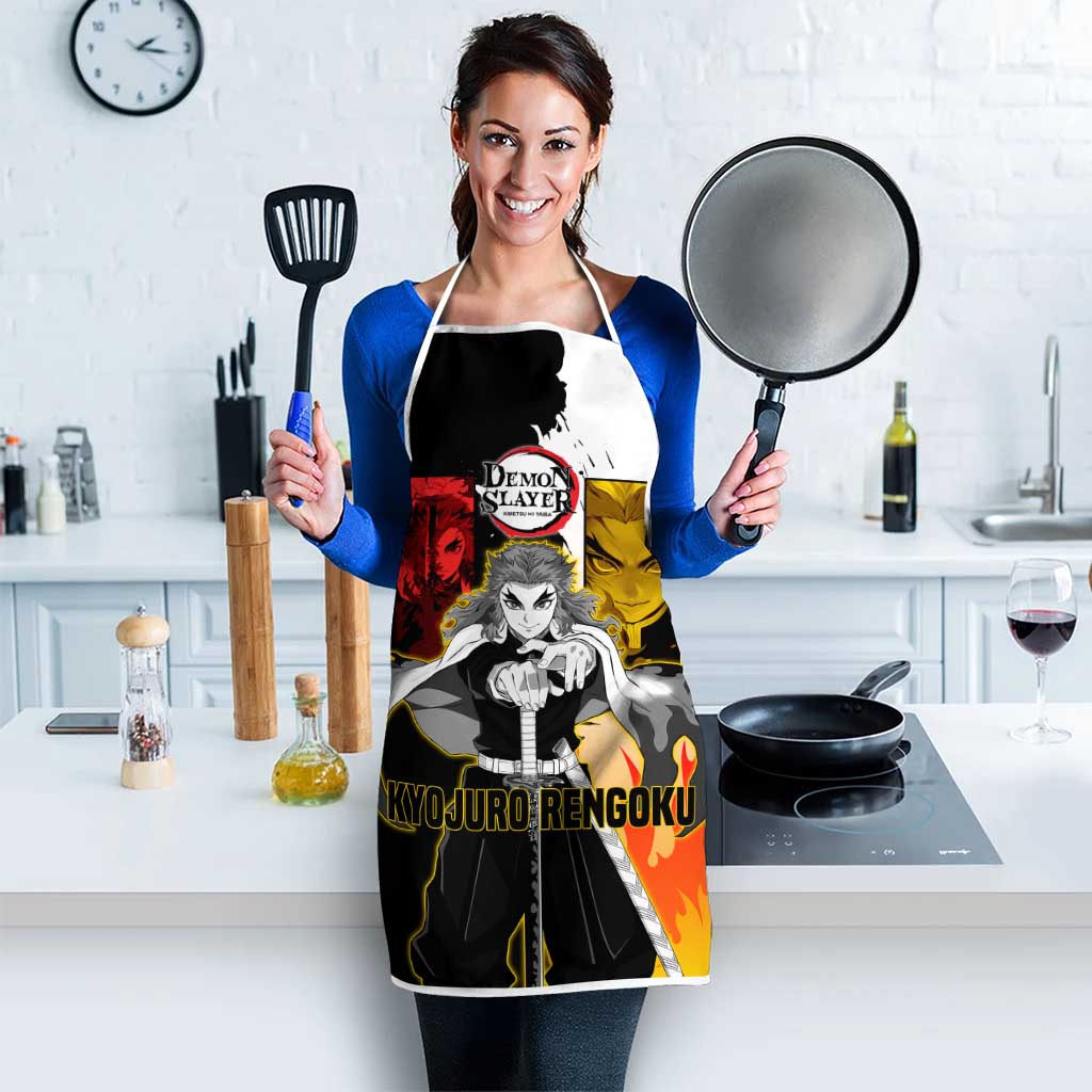 Kyojuro Rengoku from Demon Slayer Apron with Black and White Split Design and Fiery Manga Panel Background - The Mazicc