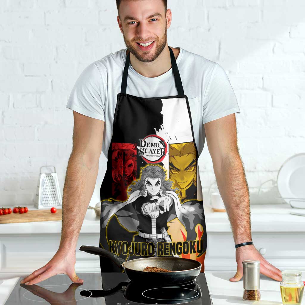Kyojuro Rengoku from Demon Slayer Apron with Black and White Split Design and Fiery Manga Panel Background - The Mazicc