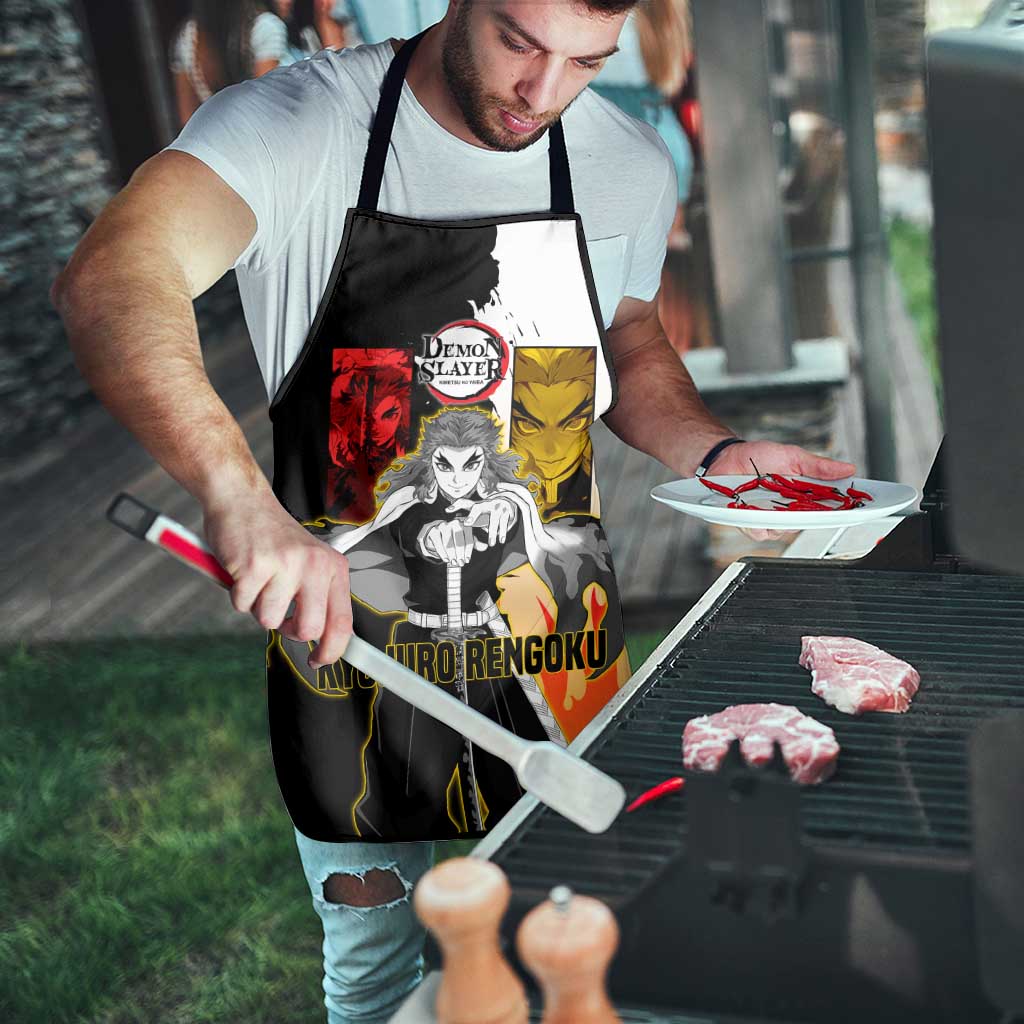 Kyojuro Rengoku from Demon Slayer Apron with Black and White Split Design and Fiery Manga Panel Background - The Mazicc