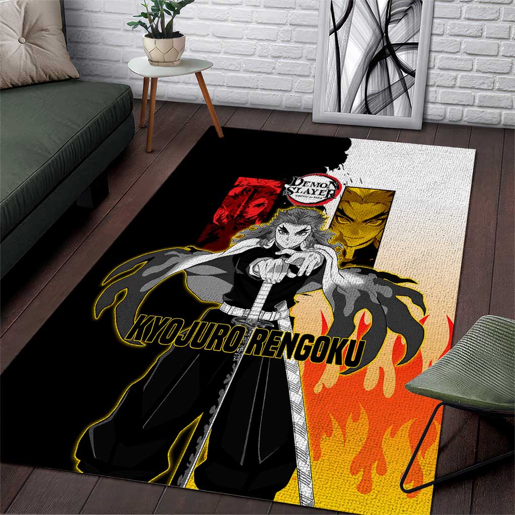 Kyojuro Rengoku from Demon Slayer Area Rug with Black and White Split Design and Fiery Manga Panel Background - The Mazicc