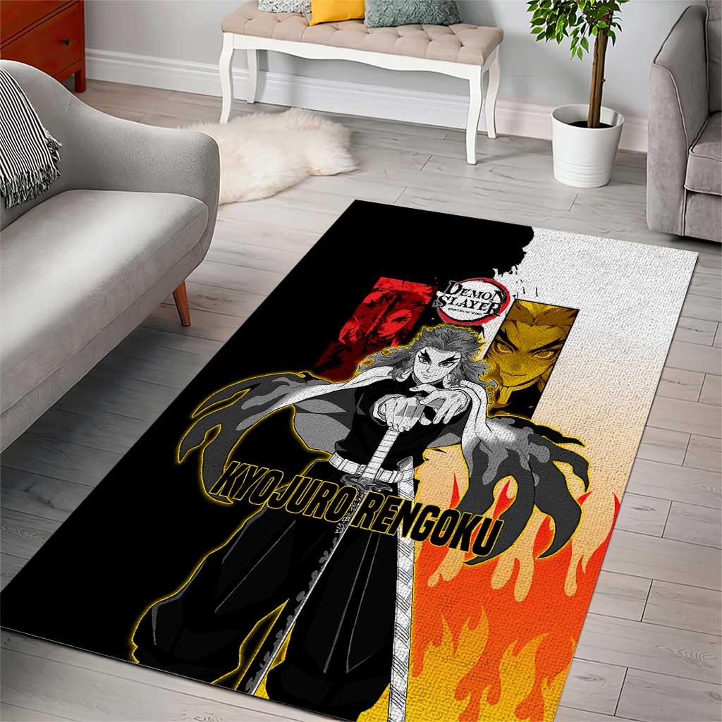 Kyojuro Rengoku from Demon Slayer Area Rug with Black and White Split Design and Fiery Manga Panel Background - The Mazicc
