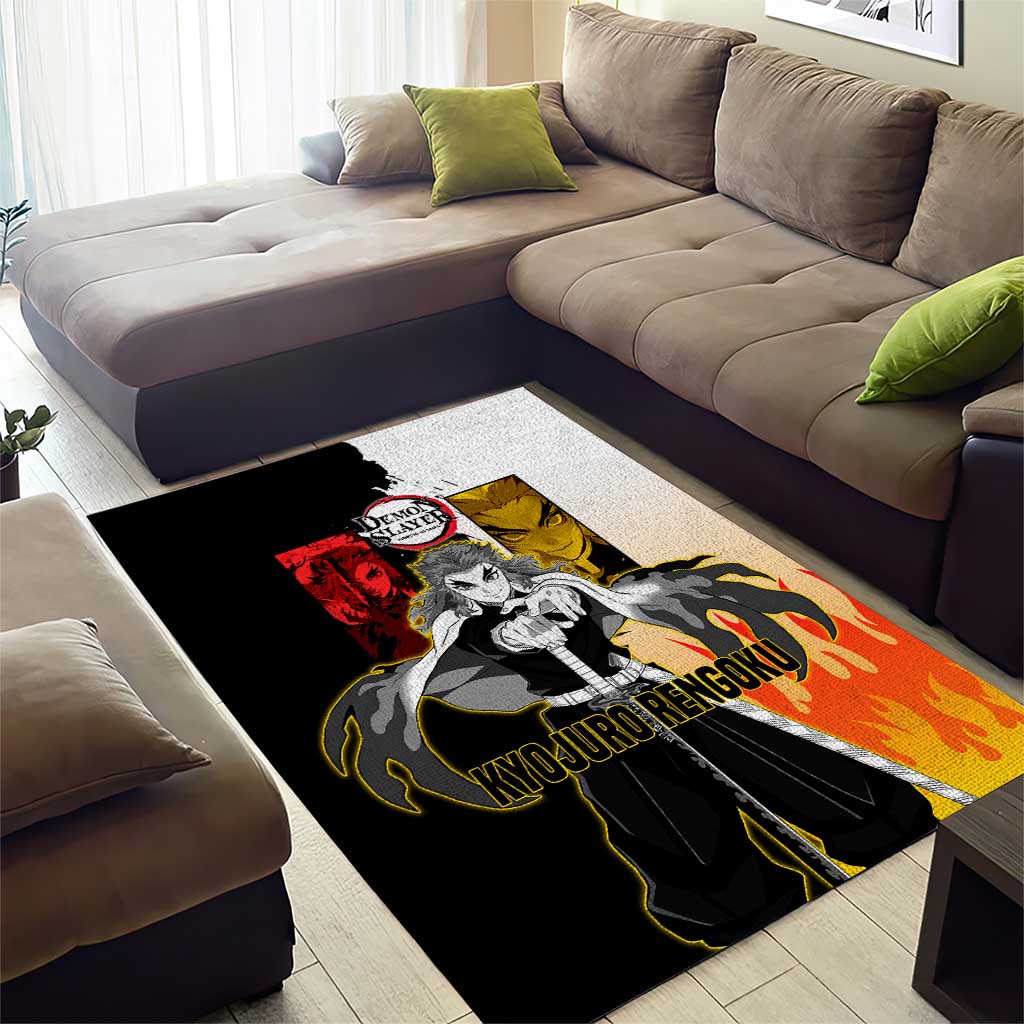 Kyojuro Rengoku from Demon Slayer Area Rug with Black and White Split Design and Fiery Manga Panel Background - The Mazicc
