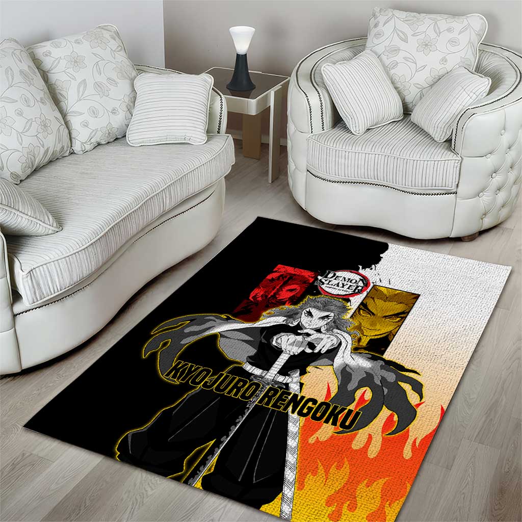 Kyojuro Rengoku from Demon Slayer Area Rug with Black and White Split Design and Fiery Manga Panel Background - The Mazicc
