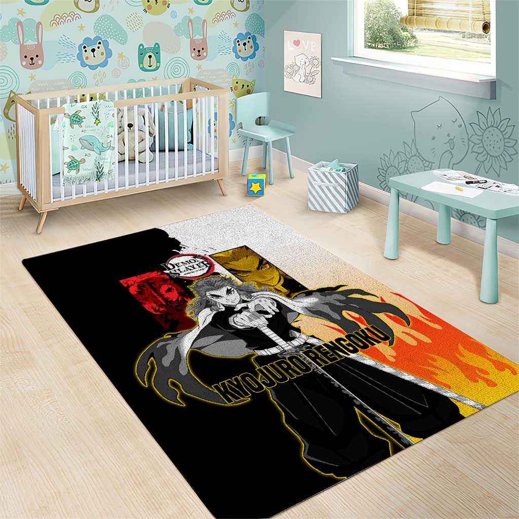 Kyojuro Rengoku from Demon Slayer Area Rug with Black and White Split Design and Fiery Manga Panel Background - The Mazicc