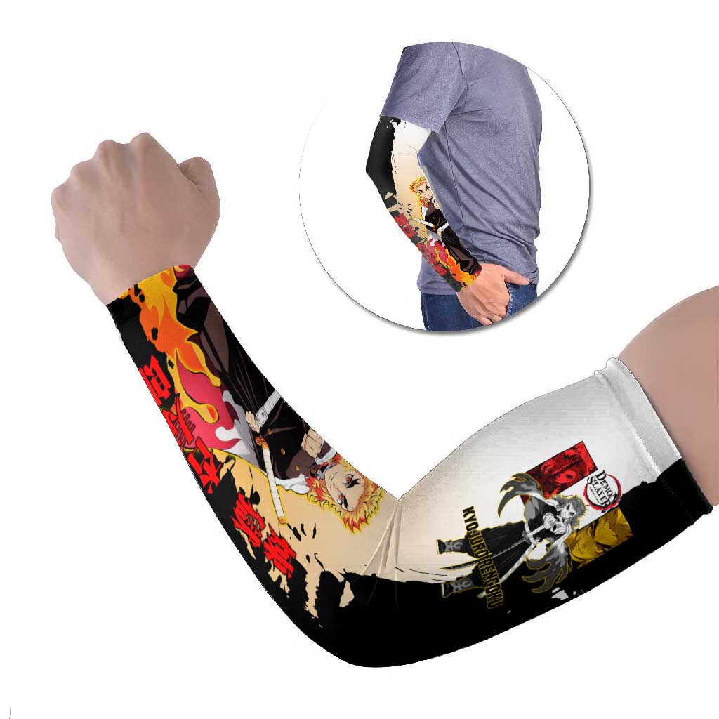 Kyojuro Rengoku from Demon Slayer Arm Sleeves with Black and White Split Design and Fiery Manga Panel Background - The Mazicc