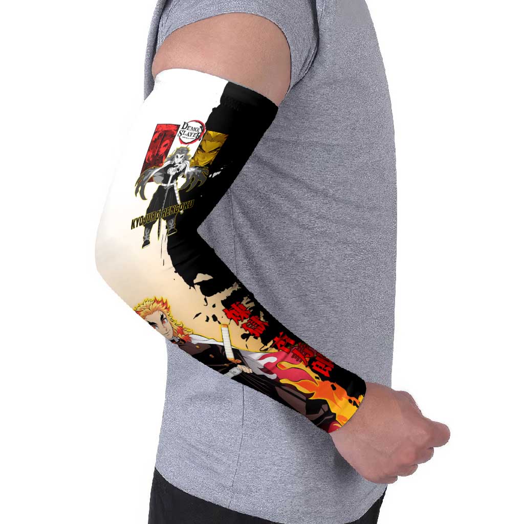 Kyojuro Rengoku from Demon Slayer Arm Sleeves with Black and White Split Design and Fiery Manga Panel Background - The Mazicc