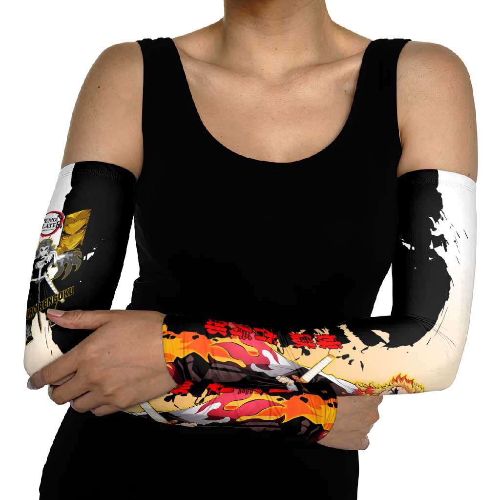 Kyojuro Rengoku from Demon Slayer Arm Sleeves with Black and White Split Design and Fiery Manga Panel Background - The Mazicc