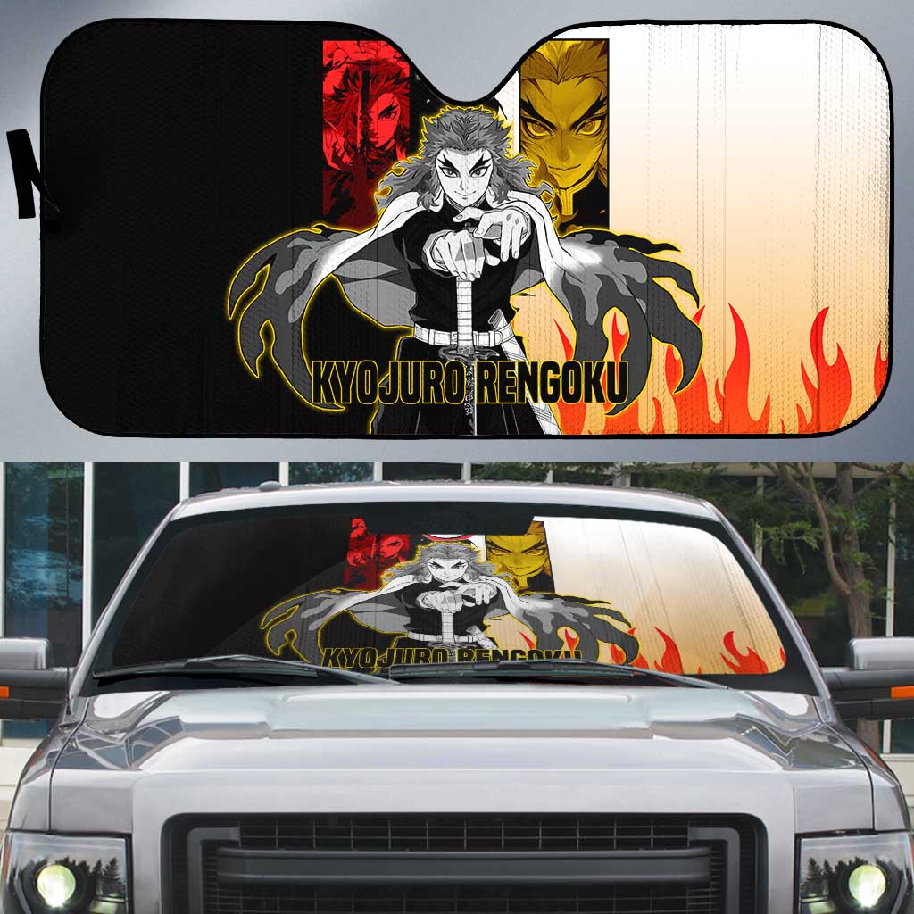 Kyojuro Rengoku from Demon Slayer Auto Sun Shade with Black and White Split Design and Fiery Manga Panel Background - The Mazicc