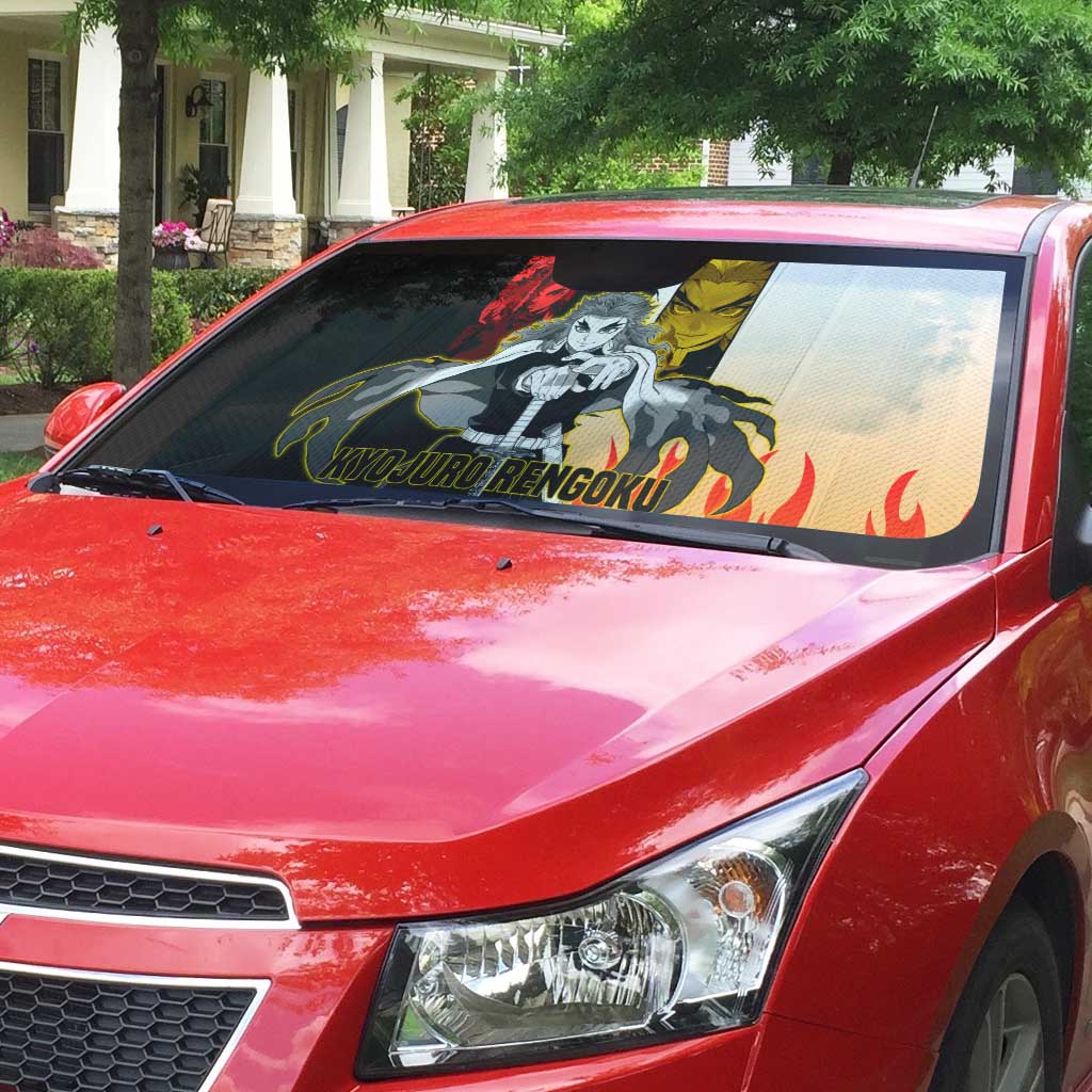 Kyojuro Rengoku from Demon Slayer Auto Sun Shade with Black and White Split Design and Fiery Manga Panel Background - The Mazicc