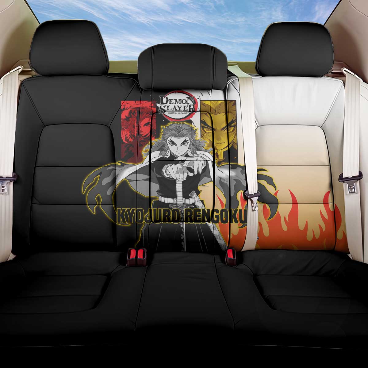 Kyojuro Rengoku from Demon Slayer Back Car Seat Cover with Black and White Split Design and Fiery Manga Panel Background - The Mazicc