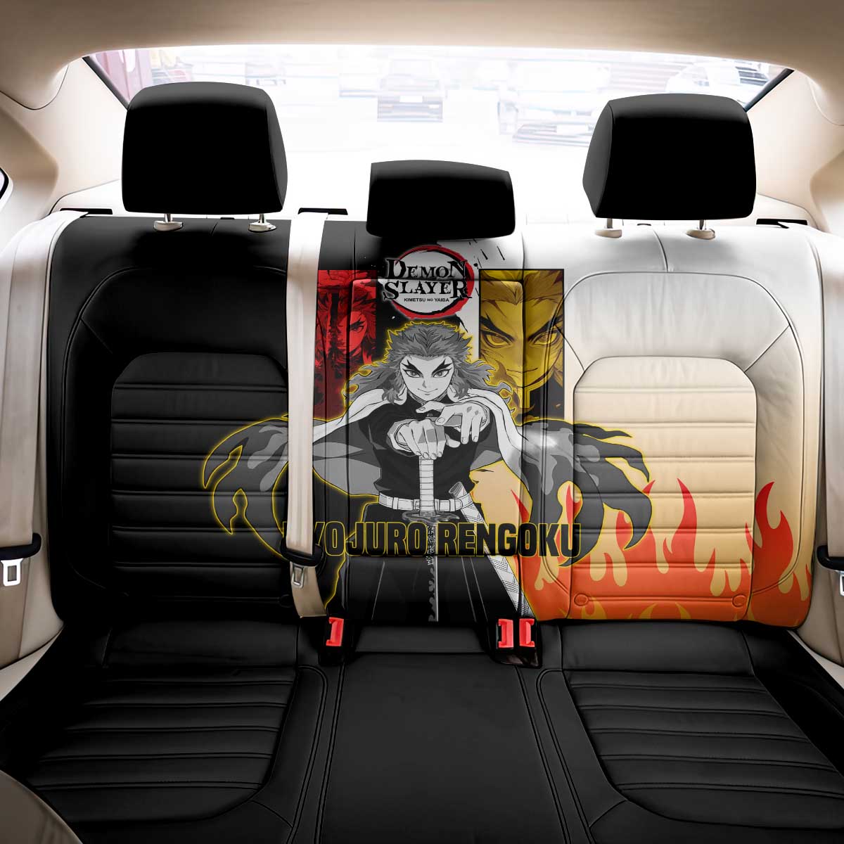 Kyojuro Rengoku from Demon Slayer Back Car Seat Cover with Black and White Split Design and Fiery Manga Panel Background - The Mazicc