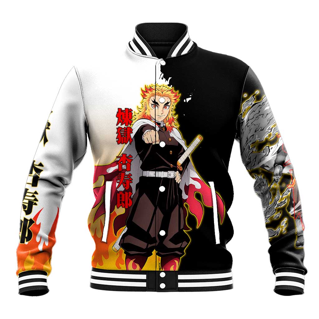 Kyojuro Rengoku from Demon Slayer Baseball Jacket with Black and White Split Design and Fiery Manga Panel Background - The Mazicc