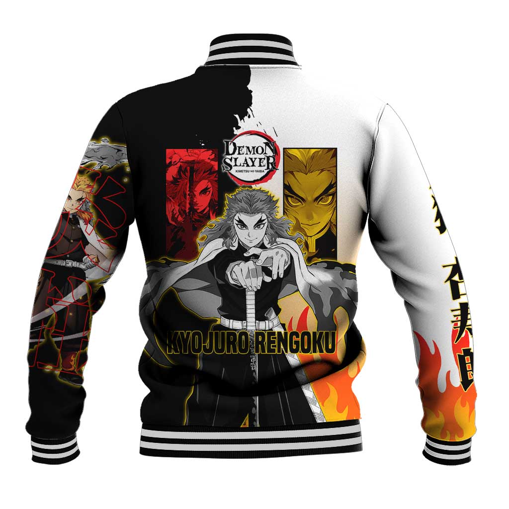 Kyojuro Rengoku from Demon Slayer Baseball Jacket with Black and White Split Design and Fiery Manga Panel Background - The Mazicc