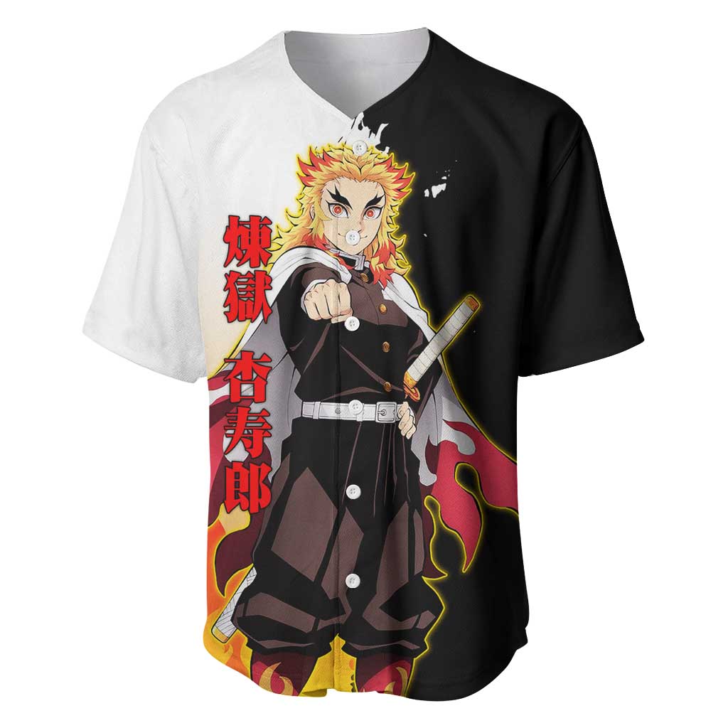 Kyojuro Rengoku from Demon Slayer Baseball Jersey with Black and White Split Design and Fiery Manga Panel Background - The Mazicc