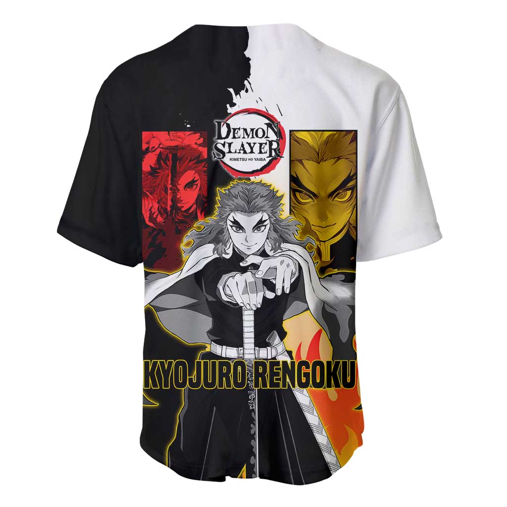 Kyojuro Rengoku from Demon Slayer Baseball Jersey with Black and White Split Design and Fiery Manga Panel Background - The Mazicc