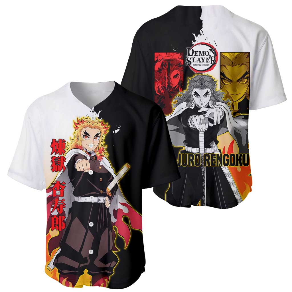 Kyojuro Rengoku from Demon Slayer Baseball Jersey with Black and White Split Design and Fiery Manga Panel Background - The Mazicc