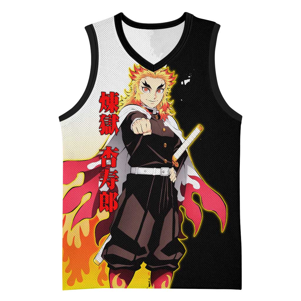 Kyojuro Rengoku from Demon Slayer Basketball Jersey with Black and White Split Design and Fiery Manga Panel Background - The Mazicc