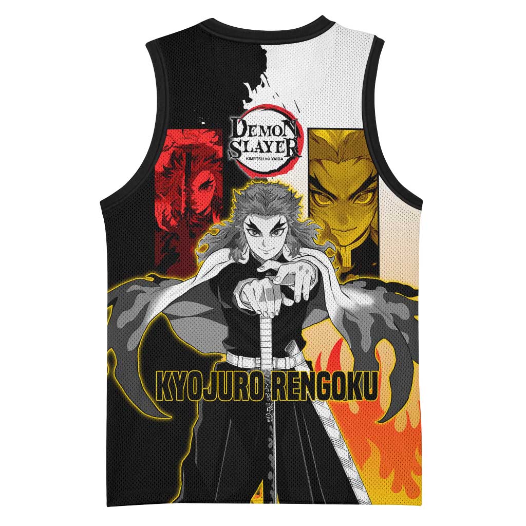 Kyojuro Rengoku from Demon Slayer Basketball Jersey with Black and White Split Design and Fiery Manga Panel Background - The Mazicc
