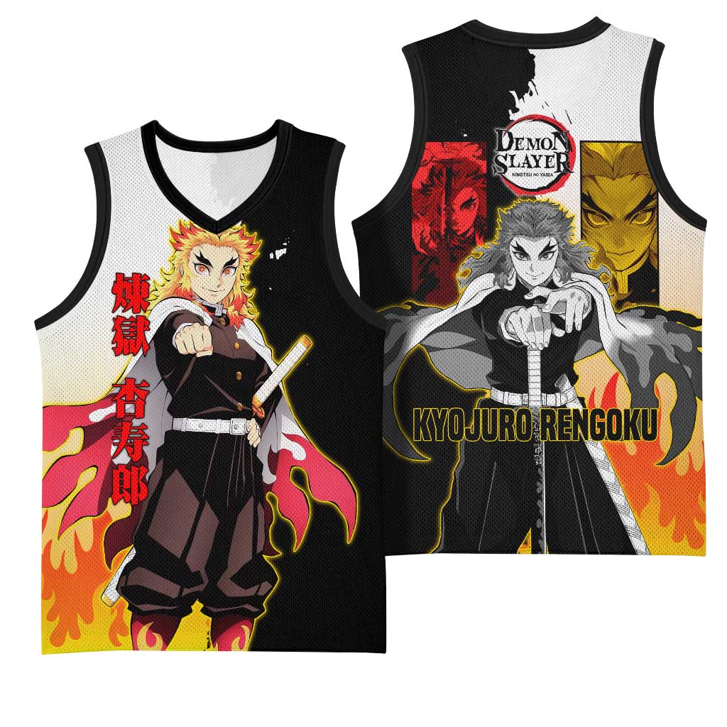 Kyojuro Rengoku from Demon Slayer Basketball Jersey with Black and White Split Design and Fiery Manga Panel Background - The Mazicc
