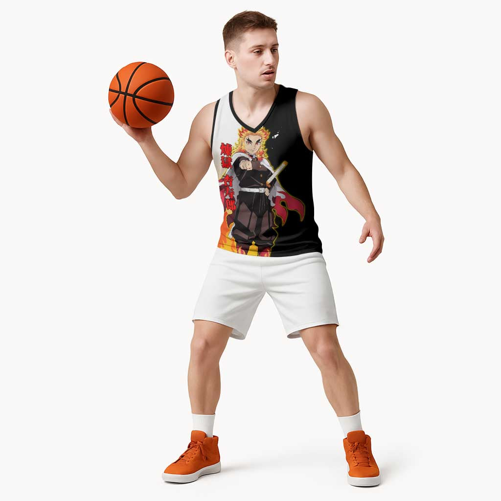 Kyojuro Rengoku from Demon Slayer Basketball Jersey with Black and White Split Design and Fiery Manga Panel Background - The Mazicc