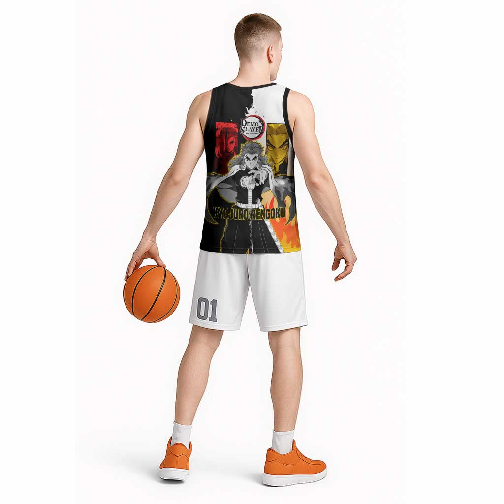 Kyojuro Rengoku from Demon Slayer Basketball Jersey with Black and White Split Design and Fiery Manga Panel Background - The Mazicc