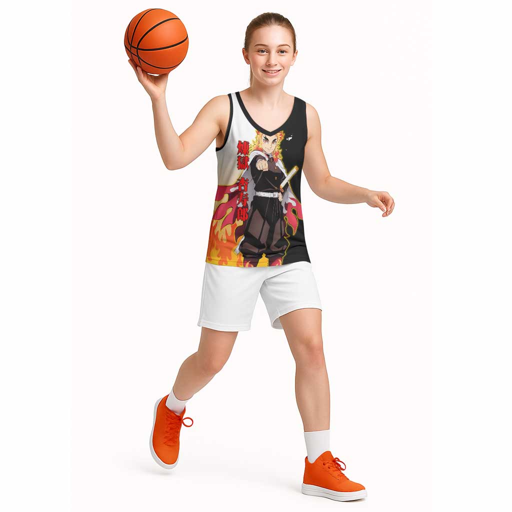 Kyojuro Rengoku from Demon Slayer Basketball Jersey with Black and White Split Design and Fiery Manga Panel Background - The Mazicc