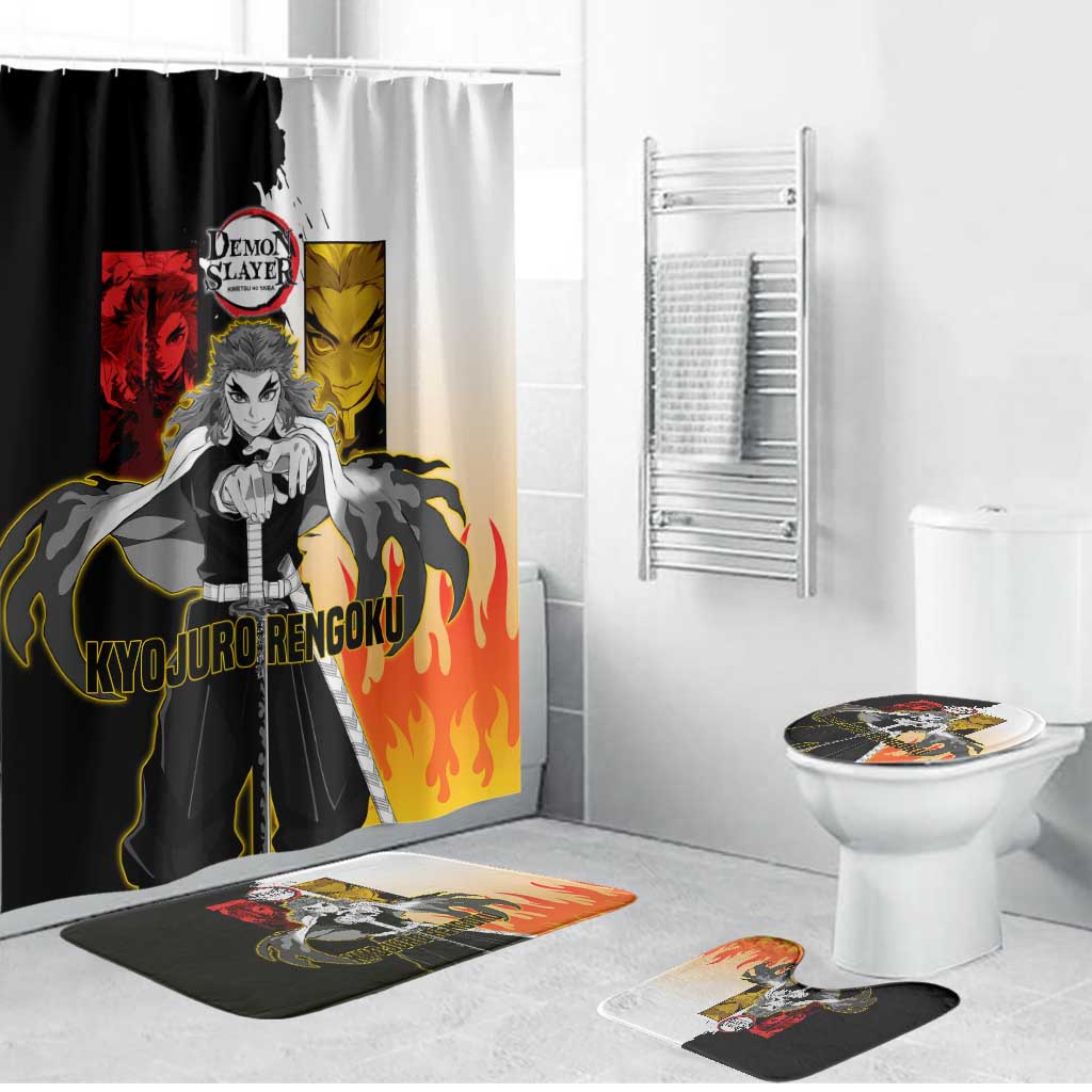 Kyojuro Rengoku from Demon Slayer Bathroom Set with Black and White Split Design and Fiery Manga Panel Background - The Mazicc