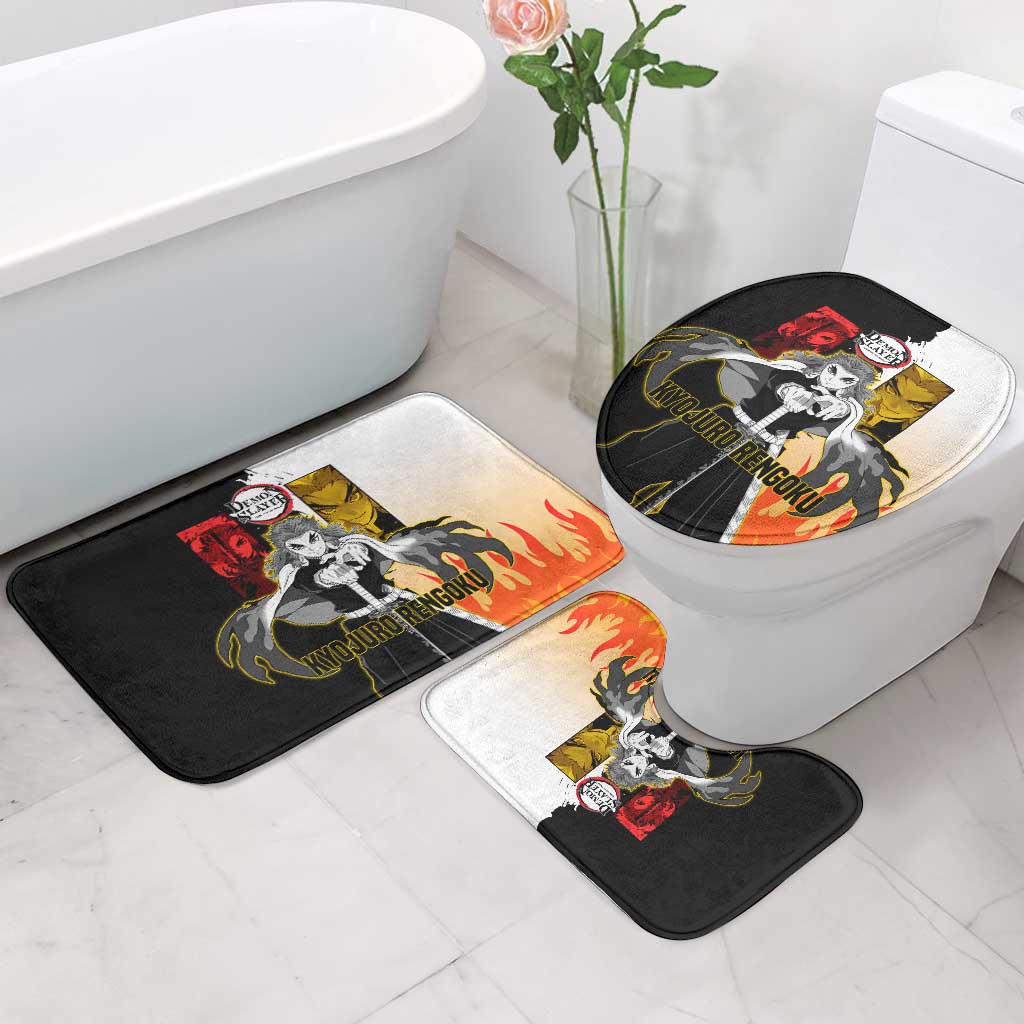 Kyojuro Rengoku from Demon Slayer Bathroom Set with Black and White Split Design and Fiery Manga Panel Background - The Mazicc