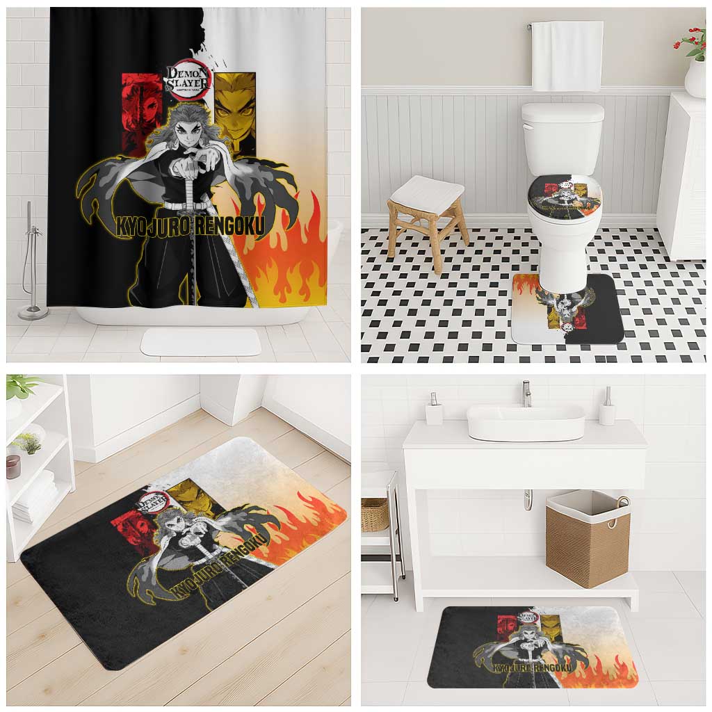 Kyojuro Rengoku from Demon Slayer Bathroom Set with Black and White Split Design and Fiery Manga Panel Background - The Mazicc