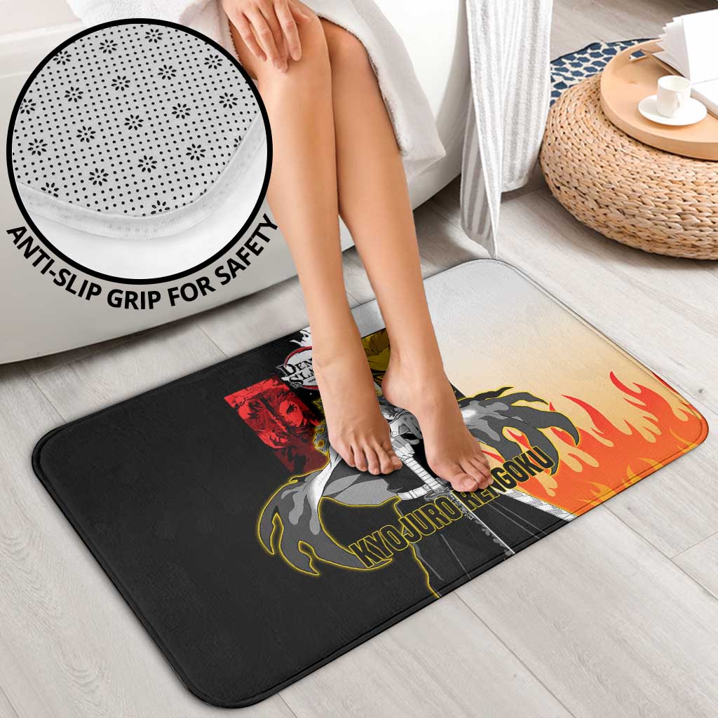 Kyojuro Rengoku from Demon Slayer Bathroom Set with Black and White Split Design and Fiery Manga Panel Background - The Mazicc