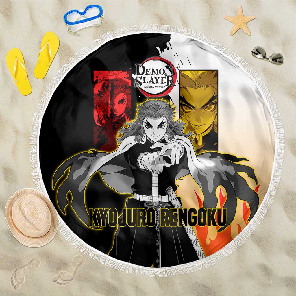 Kyojuro Rengoku from Demon Slayer Beach Blanket with Black and White Split Design and Fiery Manga Panel Background - The Mazicc