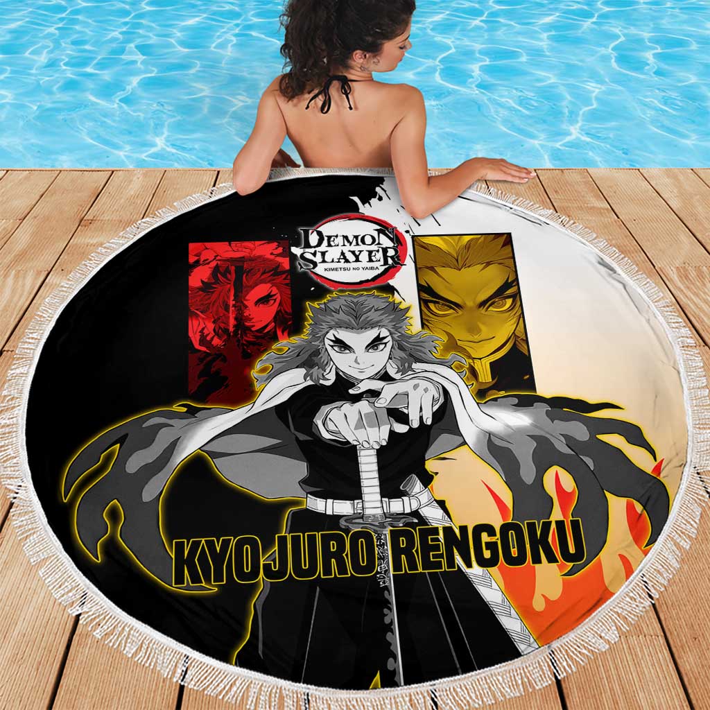 Kyojuro Rengoku from Demon Slayer Beach Blanket with Black and White Split Design and Fiery Manga Panel Background - The Mazicc