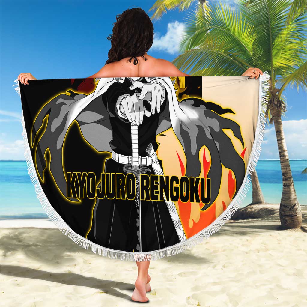 Kyojuro Rengoku from Demon Slayer Beach Blanket with Black and White Split Design and Fiery Manga Panel Background - The Mazicc