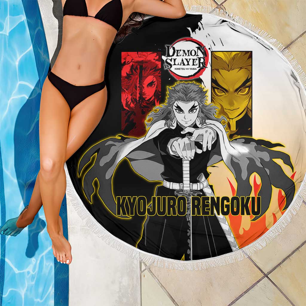 Kyojuro Rengoku from Demon Slayer Beach Blanket with Black and White Split Design and Fiery Manga Panel Background - The Mazicc
