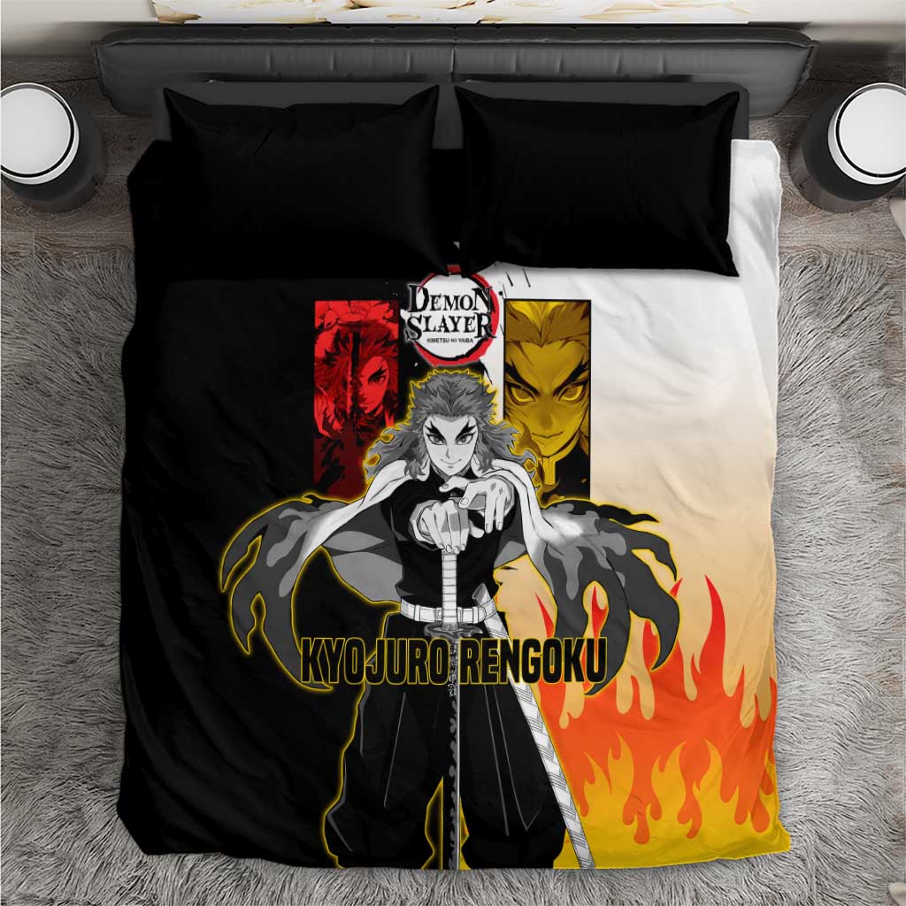 Kyojuro Rengoku from Demon Slayer Bedding Set with Black and White Split Design and Fiery Manga Panel Background - The Mazicc