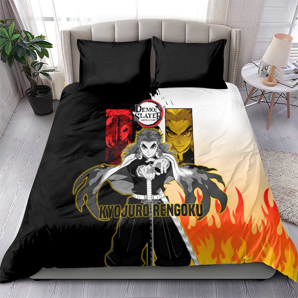 Kyojuro Rengoku from Demon Slayer Bedding Set with Black and White Split Design and Fiery Manga Panel Background - The Mazicc