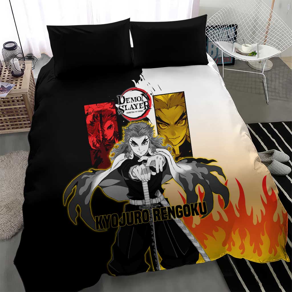 Kyojuro Rengoku from Demon Slayer Bedding Set with Black and White Split Design and Fiery Manga Panel Background - The Mazicc