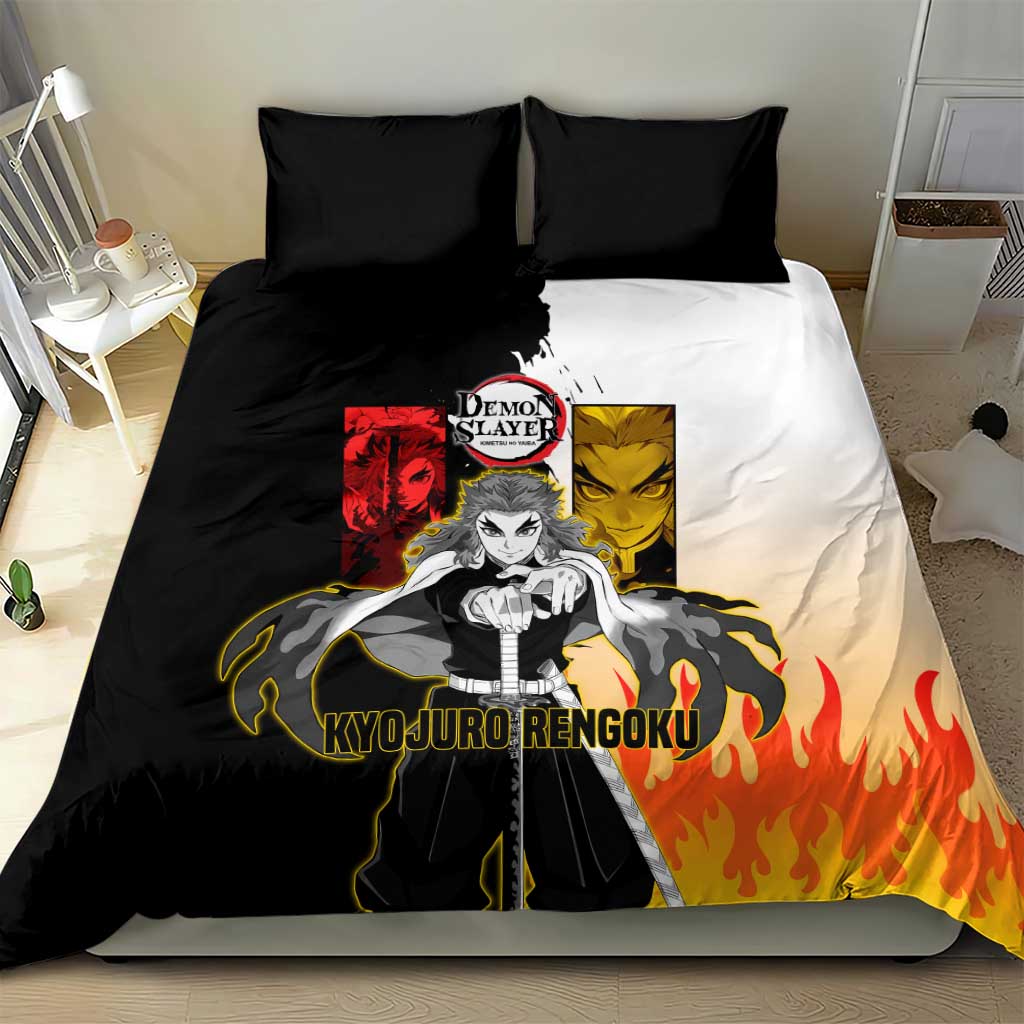 Kyojuro Rengoku from Demon Slayer Bedding Set with Black and White Split Design and Fiery Manga Panel Background - The Mazicc