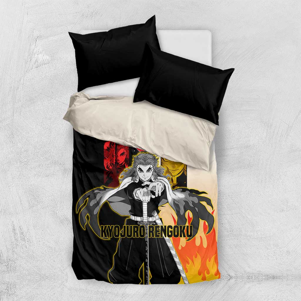 Kyojuro Rengoku from Demon Slayer Bedding Set with Black and White Split Design and Fiery Manga Panel Background - The Mazicc