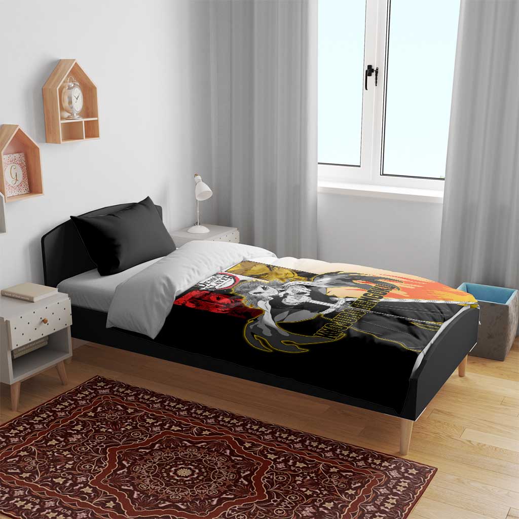 Kyojuro Rengoku from Demon Slayer Bedding Set with Black and White Split Design and Fiery Manga Panel Background - The Mazicc