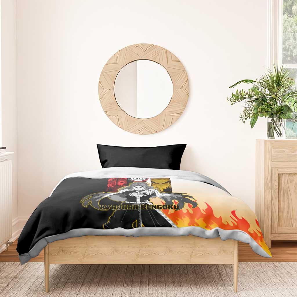 Kyojuro Rengoku from Demon Slayer Bedding Set with Black and White Split Design and Fiery Manga Panel Background - The Mazicc