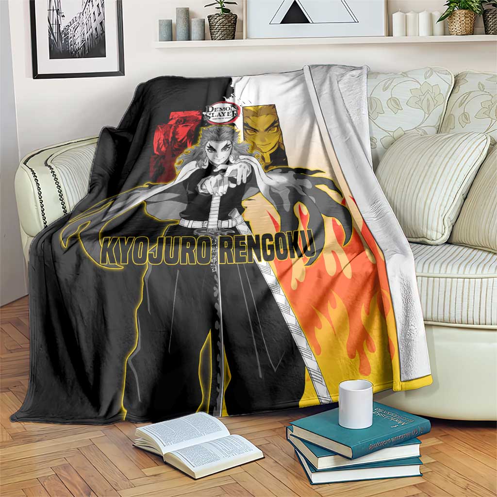Kyojuro Rengoku from Demon Slayer Blanket with Black and White Split Design and Fiery Manga Panel Background - The Mazicc