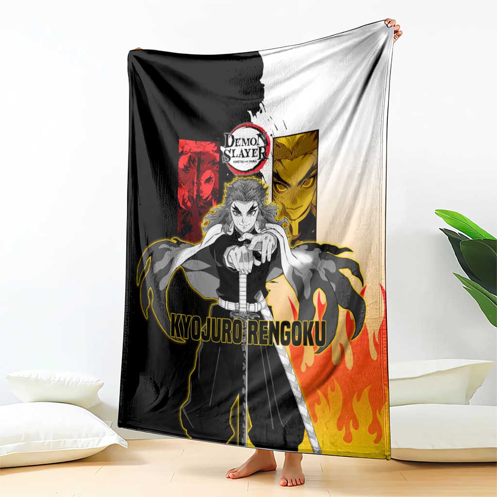Kyojuro Rengoku from Demon Slayer Blanket with Black and White Split Design and Fiery Manga Panel Background - The Mazicc