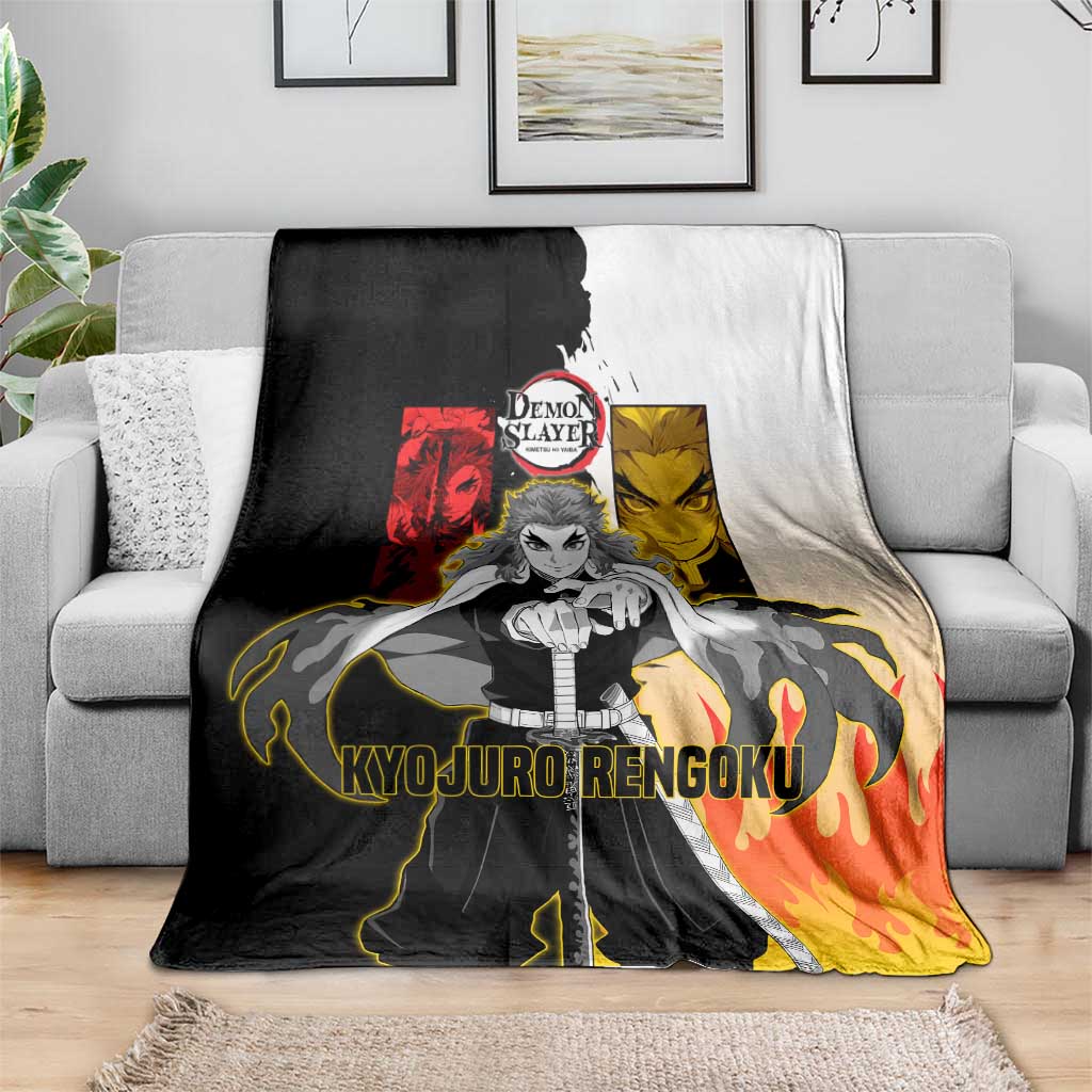 Kyojuro Rengoku from Demon Slayer Blanket with Black and White Split Design and Fiery Manga Panel Background - The Mazicc