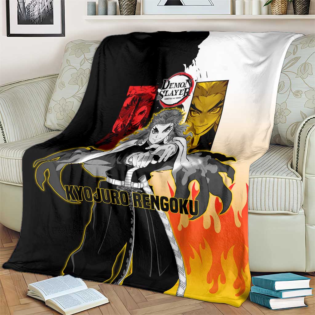 Kyojuro Rengoku from Demon Slayer Blanket with Black and White Split Design and Fiery Manga Panel Background - The Mazicc